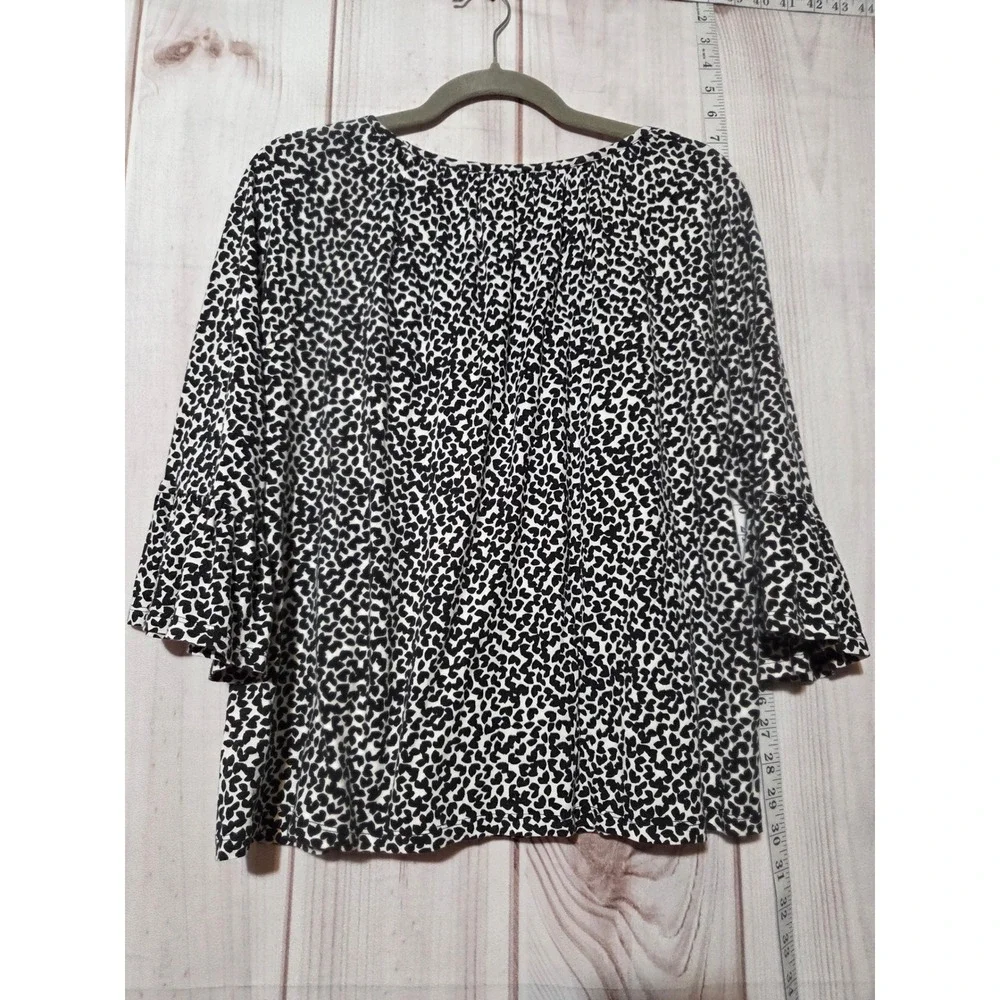 Michael Kors Womens Black White Animal‎ Print Bell Sleeve Top Size L